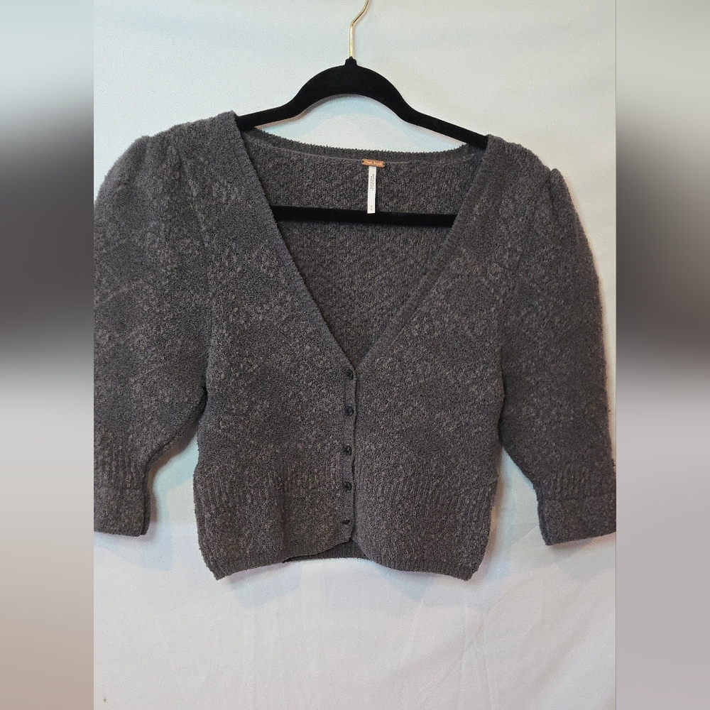 Free People Geo Structured Puff Sleeves Cropped Gray Women's M Sweater